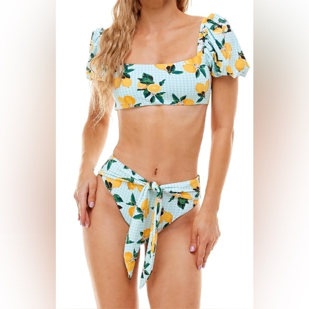 NWT! Envya Women's Lemon Print Off-Shoulder Bikini Size L High-Waisted 2 Pc